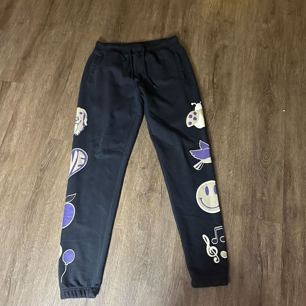 Kappa Womens Black Drawstring Joggers Pants Graphic Prints Legs Dogs Hearts Size